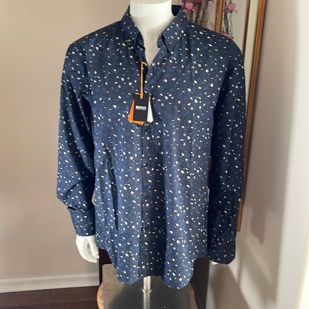 Boss Mabsoot_f Blue/Black/Gray Abstract Pattern Tailored Fit Shirt